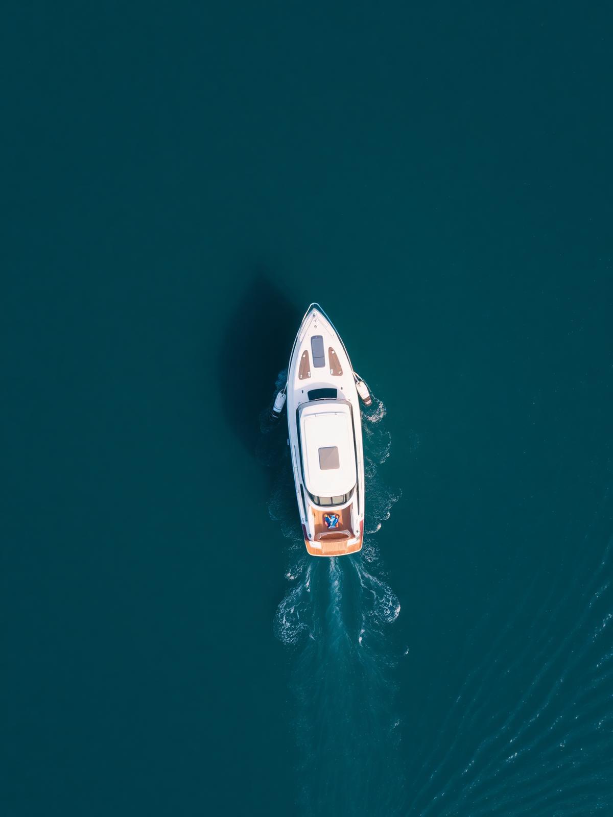 Aerial view of a luxury yacht on teal water